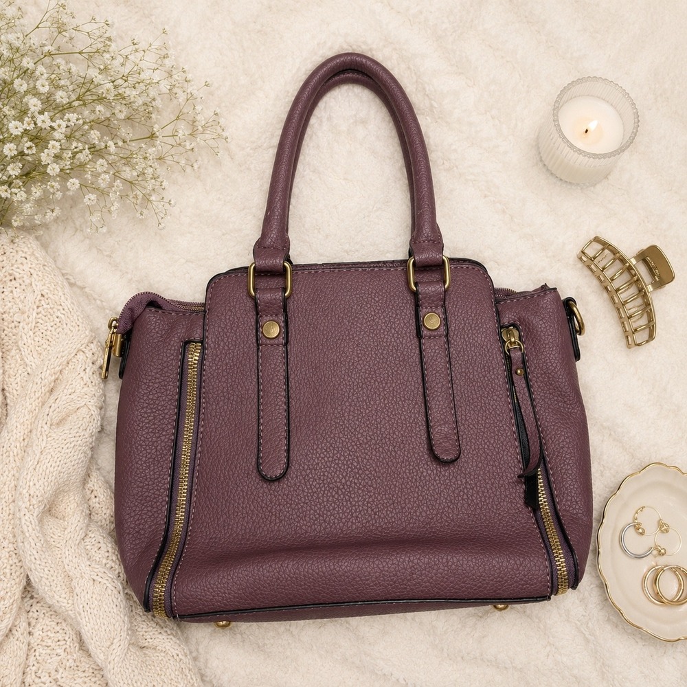 Plum Purple Pebbled Vegan Leather Satchel Crossbody Bag Gold Hardware